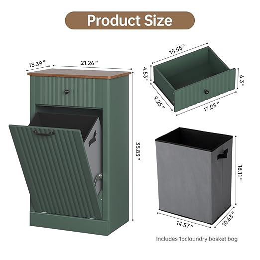 Fluted Tilt Out Laundry Hamper Cabinet, 10 Gallon Hidden Trash Can Cabinet, Wooden 2 in 1 Tilt Out Garbage Can for Kitchen, Bathroom (Green, Single)