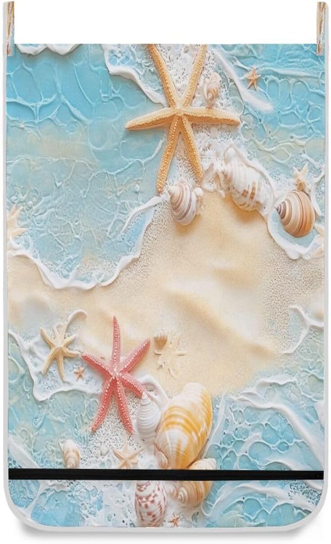 Blue Beach Sea Star Shell Summer Hanging Laundry Hamper Door Hampers Bag Basket with Stainless Steel Hooks Oxford Fabric Printing Decorative Clothes Bags 29.5X20inch 2Pack