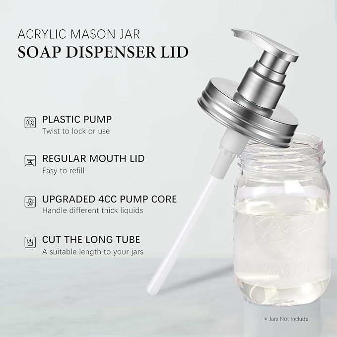Amolliar Plastic Mason Jar Soap Dispenser Lids - Universal Pump Replacement for Regular Mouth Jar Farmhouse Decor for Kitchen, Bathroom, Dish Soap, Lotions, Hand Soap (2 Pack, Silver)