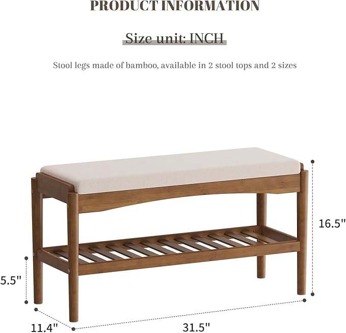 Shoe Bench Entryway Bamboo 2-Tier Shoe Rack with Cushion Padded Seat Shoe Bench Organizer Stable for Entry, Hallway, Living Room, Bedroom, Closet (31.5 * 11.4 * 16.5IN, Brown-Beige)