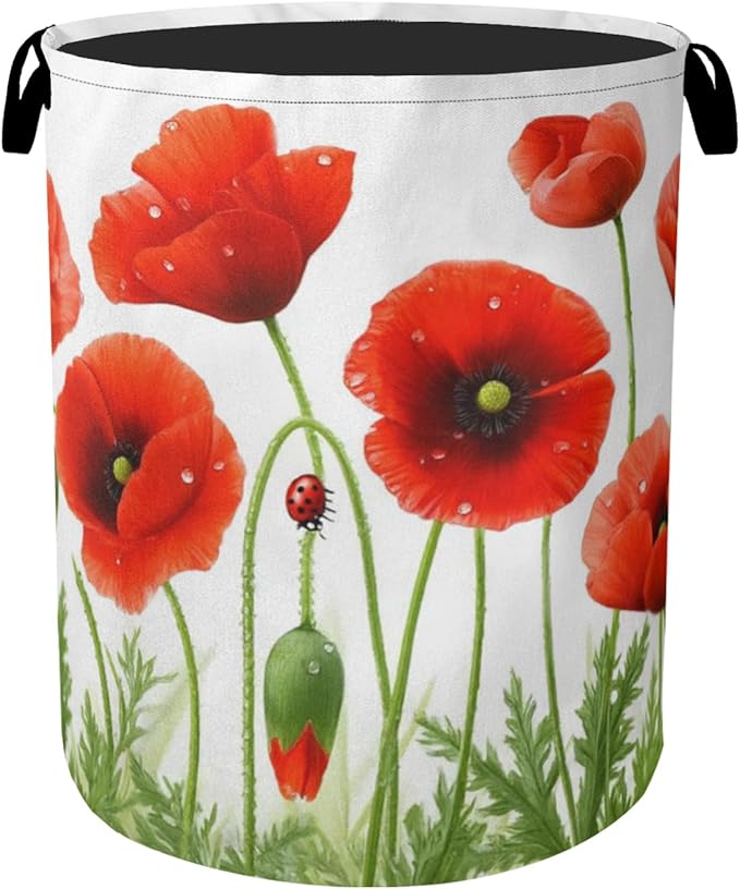 Red Flower Laundry Basket - Heavy Duty 60L Dirty Clothes Organizer, Water Resistant Foldable Hamper for Men Women