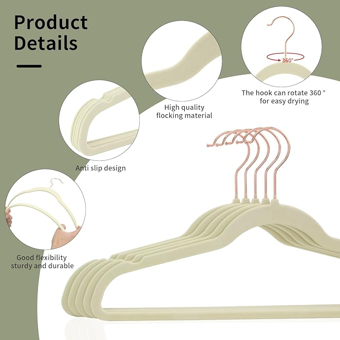 Premium Velvet Clothes Hangers, Heavy Duty Study Black Hangers for Coats, Suit & Dress - Non Slip Clothes Hanger Set (50, Lvory/Rose Gold)