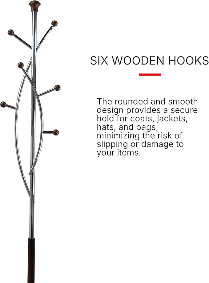 Proman Products Freestanding Modern Metal Coat Rack Tree Stand Organizer with 6 Wooden Hooks for Clothes, Bags, Jackets and Hats