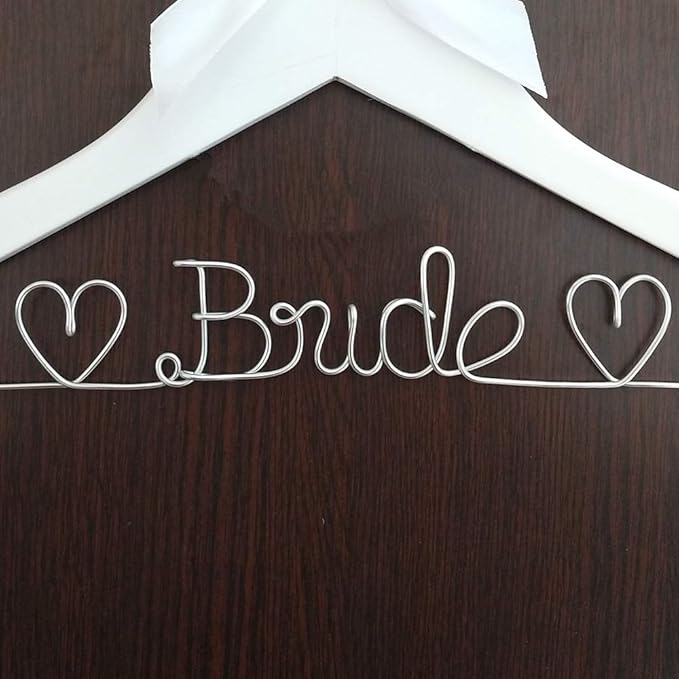 The Bride's Wedding Gift, Wooden Wedding Dress Gown Hanging Wire Letter Hanger (White and Silver Thread)