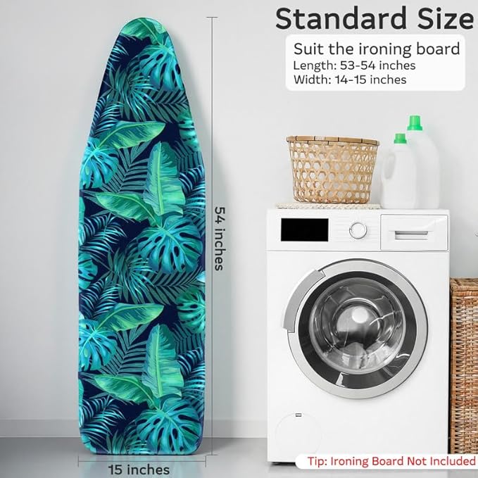 FIOBEE Ironing Board Cover and Pad Extra Thick Iron Board Pad with Heat-Resistant Mesh Padded Iron Board Covers Adjustable Buckle & Elastic Edges for 15x54 Standard Size Ironing Board, Green Leaf