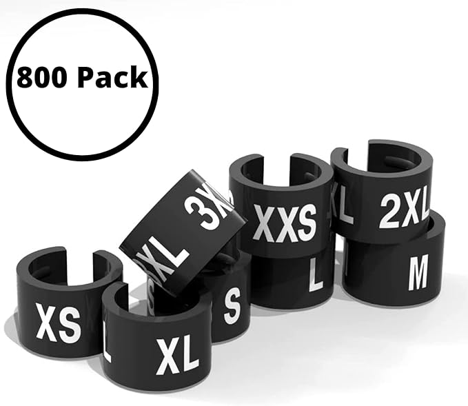 Black Plastic Hanger Size Clips - 800 Count, XXS-XXXL