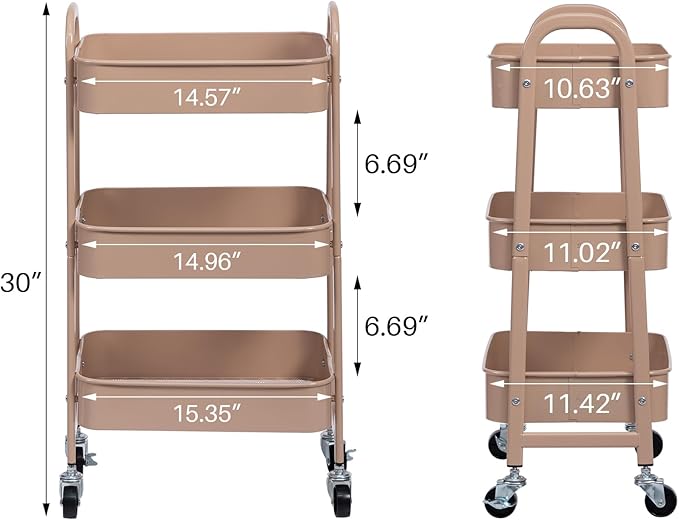AGTEK 3 Tier Utility Rolling Cart with Lockable Wheels, Metal Multifunctional Storage, Organizer Cart for Kitchen, Office, Living Room, Makeup, Craft, Art Studio, Blush