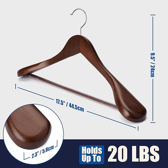 Suit Hangers 6 Pack Wooden Coat Hangers,Wide Shoulder Hangers with Non Slip Pants Holder,Heavy Duty Clothes Hangers,Suit Hangers for Men,for Women,for Suit,Coat,Jacket,Pants (Walnut