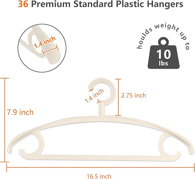 DEDU Plastic Clothes Hangers 36 Pack, Extra Thick Wide Shoulder Coat Hangers with 360° Swivel Hook Non Slip, Sweater Hangers Suit Hanger for Suits, Sweater, Dresses, Pants (Beige)