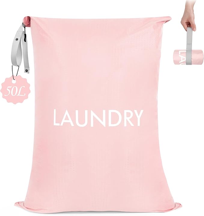 MissBoy Laundry Bag, Heavy Duty Nylon Washable Laundry Bags with Zipper, 50L Dirty Clothes Travel Bag for Girls, Laundry Accessory for College & Dorm, Pink