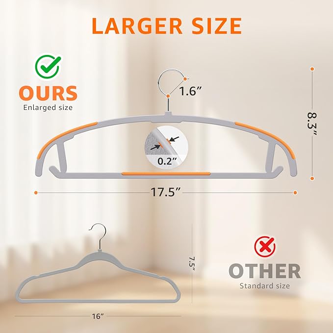 Yolife Plastic Clothes Hangers 50 Pack with Non-Slip Pads, 17.5" L × 8.3" H Heavy Duty Hanger with 360° Swivel Metal Hook, Slim Space Saving Hangers for Closet Organizer, Gray & Orange