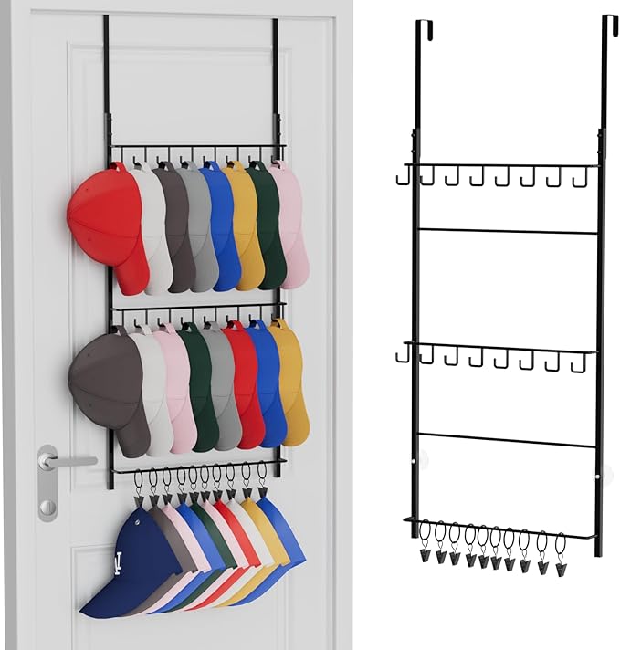Consumest Over Door Hat Organizer - 3 Tier Wall Mounted Hat Rack with 16 Hooks and 10 Movable Clips, Hanging Baseball Cap Storage Holds up to 26 Caps for Door, Bedroom, Closet USPTO Patent Pending