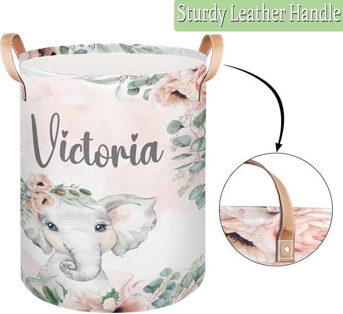 Personalized Laundry Basket, Custom Gift Laundry Hamper, Collapsible Nursery Waterproof Laundry Baskets, Dirty Clothes Toy Hamper with Handles Blush Floral Elephant