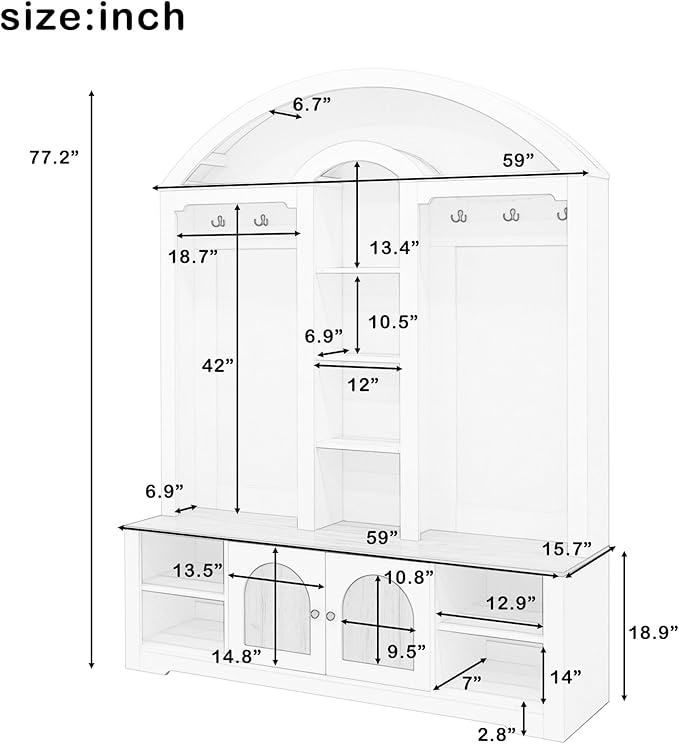 77''H Hall Tree with Curved Design, Multi-functional Coat Rack with Shoe Racks, Clothes Hangers, Hooks, Double-Layer Storage Cabinets and Open Storage Space for Hallway, Living Room (White+Walnut)