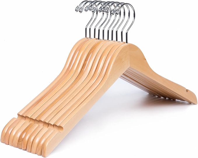 Amber Home 10 Pack Natural Wooden Shirt Hangers, Premiun Wood Coat Hangers Without bar, Clothes Hangers for Jacket, Bridal (Natural, 10)