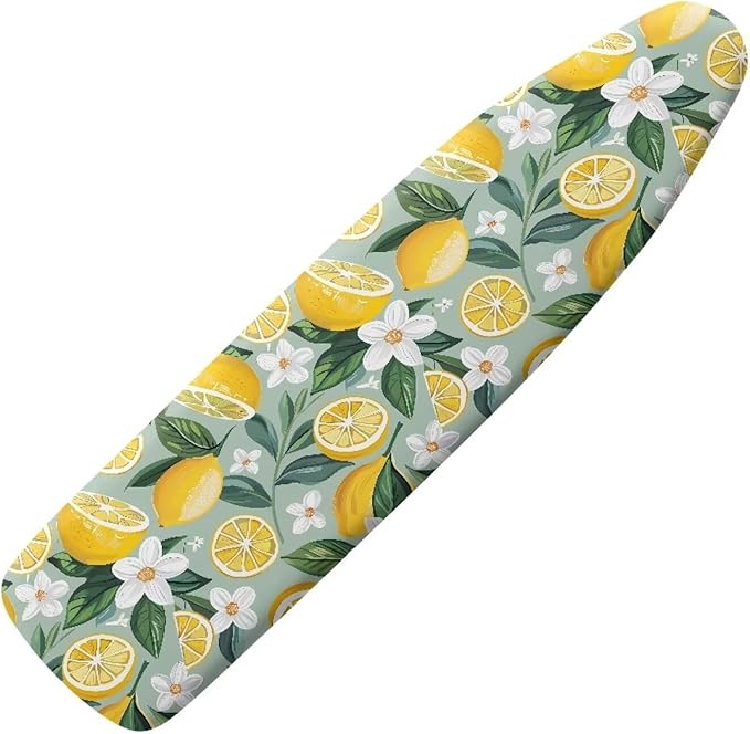 Lemon Ironing Board Cover and Pad with White Floral Standard Size Elastic Edge Home Decoration Hook and Loop Fasteners Heat Reflective 15 x 54 Inch