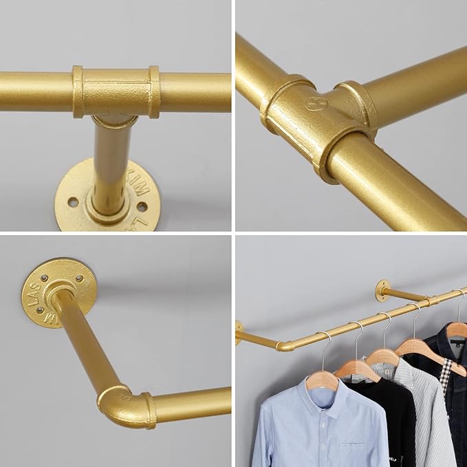 Industrial Pipe Clothing Rack Wall Mounted,Vintage Retail Garment Rack Display Rack Cloths Rack,Metal Commercial Clothes Racks for Hanging Clothes,Iron Clothing Rod Laundry Room (Gold, 59in)