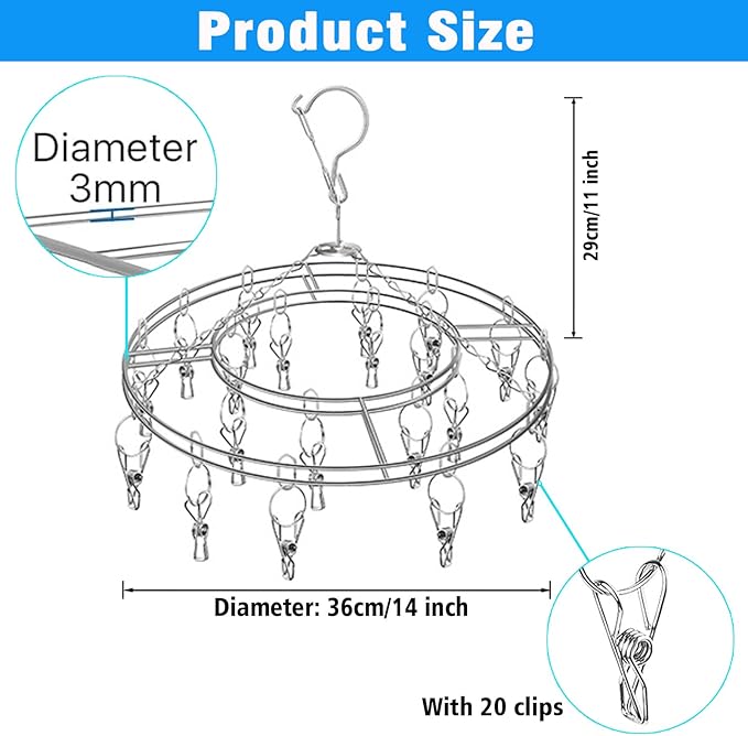 Stainless Steel Sock Drying Rack with 20 Clips, Stainless Steel Space-Saving Dryer Rack Washline with Peg for Sock,Towels,Bras,Underwear Etc Small Laundry Items (Stainless Steel-Round)