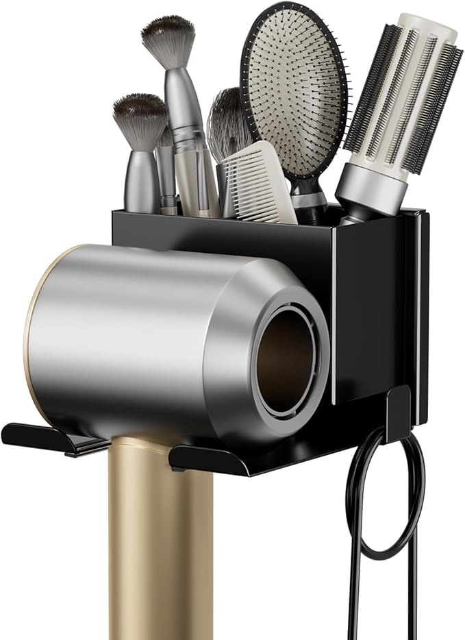 Hair Dryer Holder Wall Mounted, Hair Tools Organizer, Bathroom Space-Saving Blow Dryer Organizer Curling Irons Storage Wall Mounted Black (Self-Adhesive and Drilling)