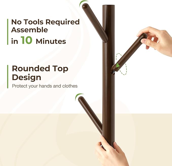 GREENSTELL Coat Rack with 8 Hooks, Wooden Coat Rack Freestanding with Shelf, Coat Tree with 4 Height Options 50.5"-72.6", Coat Hanger Stand for Bags, Clothes, Umbrellas, Hats, in Home, Brown