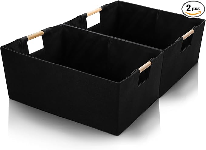 ZOOFOX Set of 2 Black Storage Baskets, Closet Storage Bins with Wooden Handles, Foldable Rectangular Storage Baskets for Shelves, Closets, Home, Office
