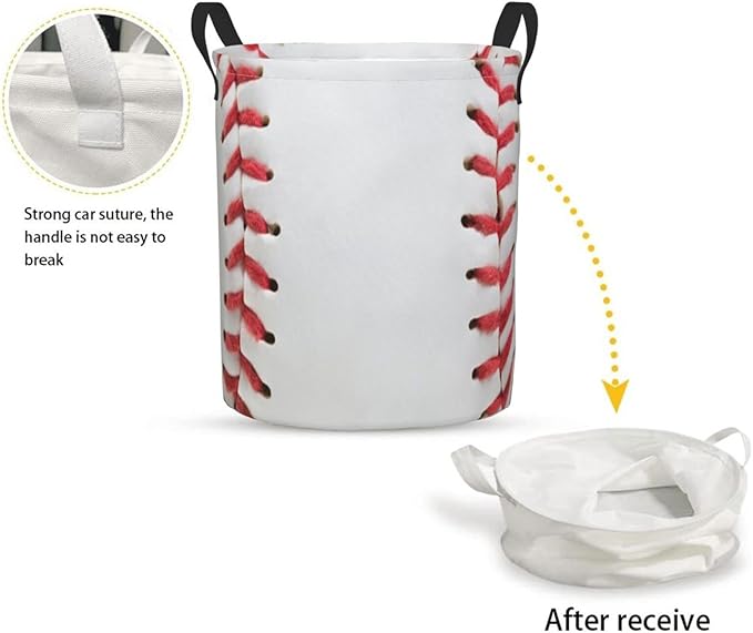 Dujiea Baseball Laundry Basket Round with Handle, Collapsible Foldable Canvas Storage Bin Dirty Clothes Bag for Laundry/Toys Organizer/College Dorm/Nursery/Decor(2 Sizes)