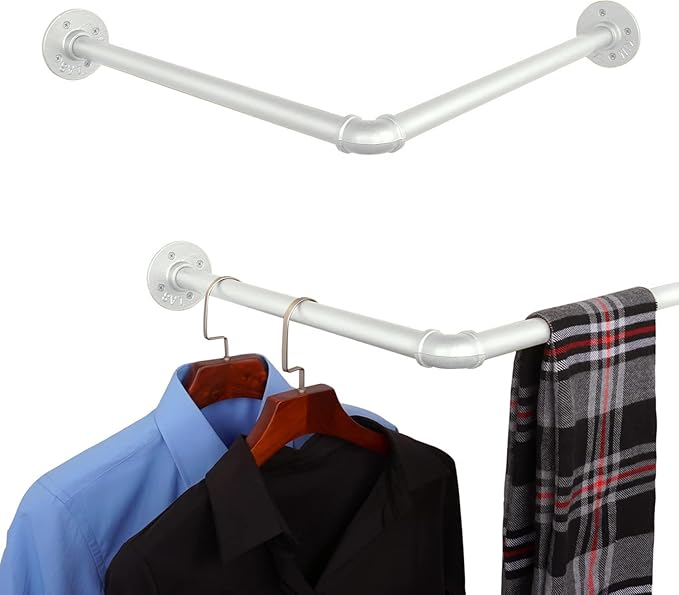 AddGrace Industrial Pipe Garment Rack Iron Wall Mounted Right Angle Corner Clothing Rack with Screws DIY Home Storage Display (White) 18.1"