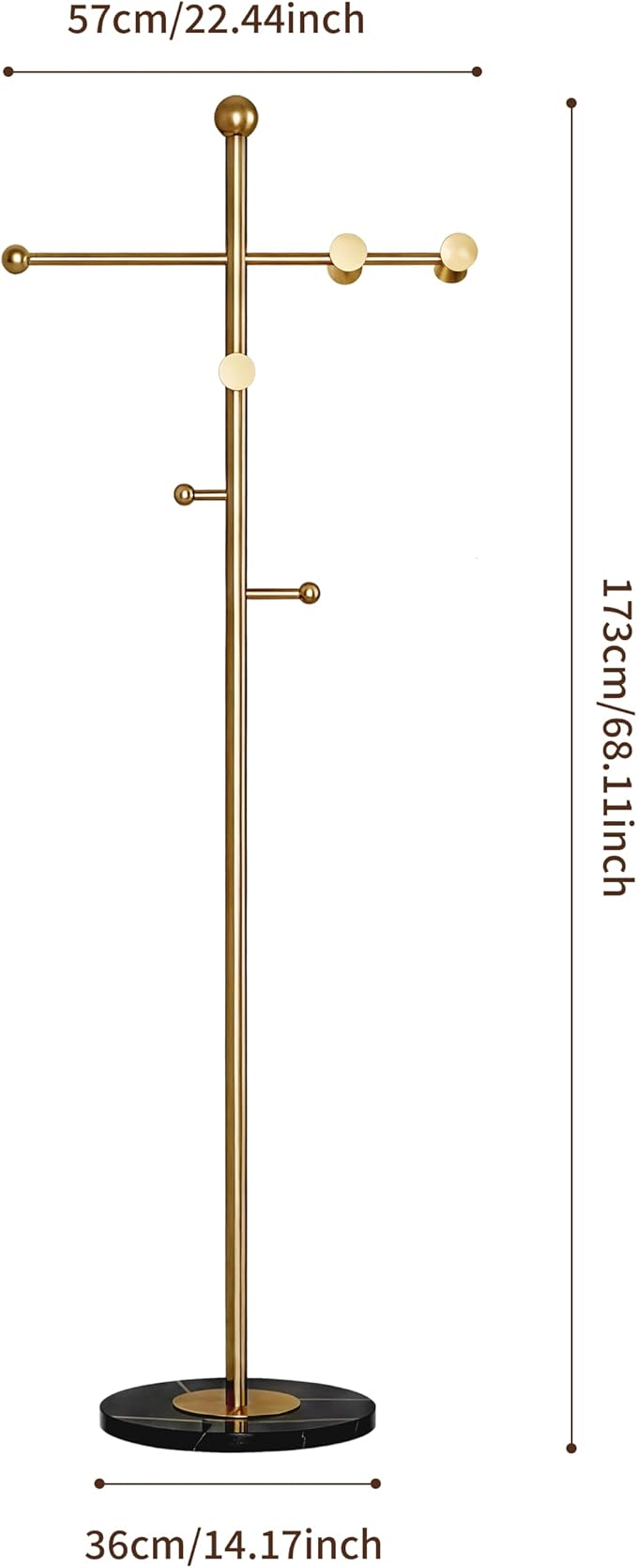 68.9 Inch Tall modern Coat Rack,Gold coat tree freestanding heavy duty,Heavy-Duty Metal Coat Rack Stand with Sturdy Marble Base for Entryway,Hallway,Bedroom,Holds Coats Hats Bags Scarves