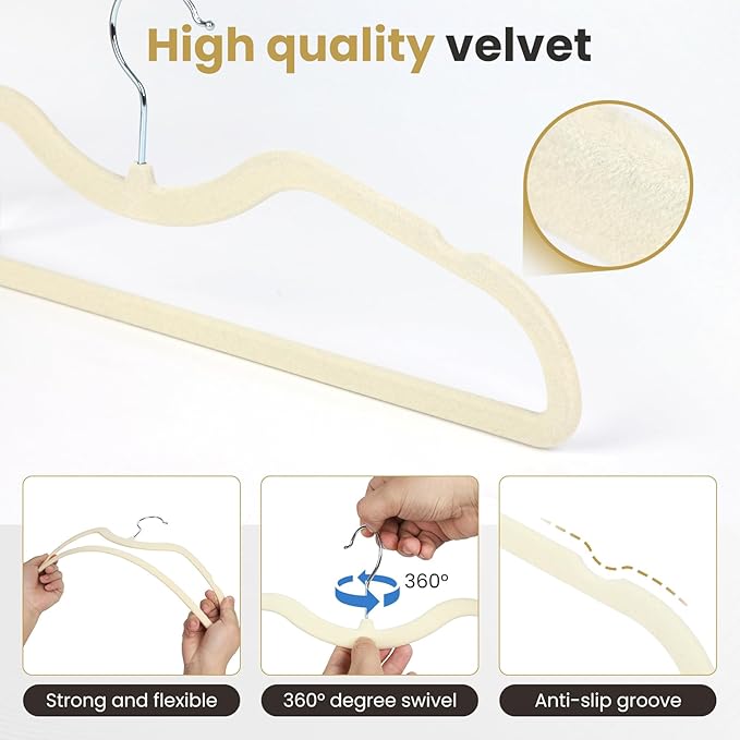 Velvet Short Neck Hangers - Heavy-Duty, Non-Slip Felt Surface, Space-Saving Design with Anti-Slip Grooves & Shoulder Shape, 360° Rotating Hooks, Durable for Coats, Shirt& Dresses (30, Beige B)