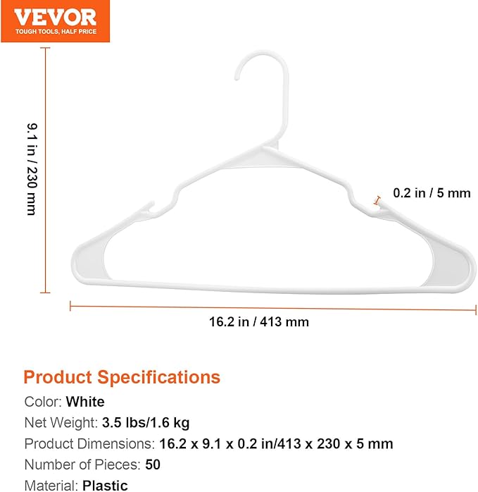 VEVOR Hangers, 0.2 in Ultra-Thin, 50 Pack White Plastic Hangers with Stable Triangular Top Structure & Wider Notch Design, Non-Slip Space Saving Hanger, Fit for T-Shirt, Shirt, Sling & Pant