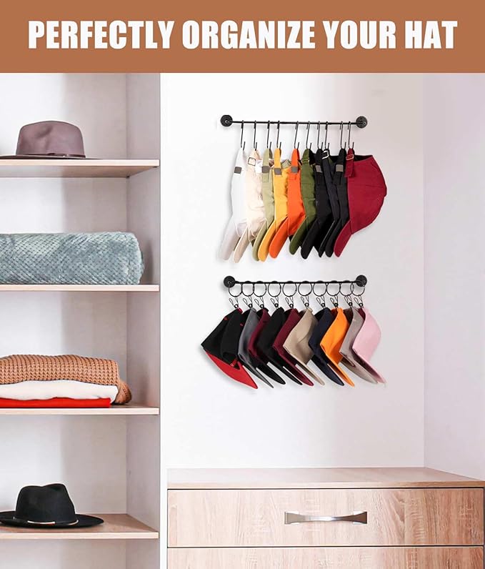 Livelab Hat Rack for Wall, Hat Organizer for Baseball Caps with 10 Hooks+10 Clips, 2 Pack Modern Metal Hat Storage Wall-Mounted Hanger Holder for Closet Door Bedroom Entryroom