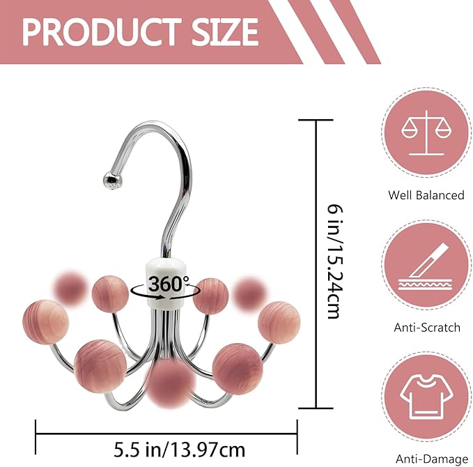 Hoodie Hangers 2-Pack with 6 Cedar Balls, 360°Swivel Purse Hanger, Closet Hooks, Handbag Organizer, Scarf Hanger, Bra Hanger, Accessory Organizers for Scarf