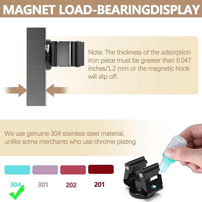 3-H Magnetic Broom Holder 4 Piece, 304 Stainless Steel Broom Holder Wall Mount, No Drilling Magnetic Tool Holder with 2 Mini Magnetic Hooks for Garage Garden Laundry Kitchen, Black