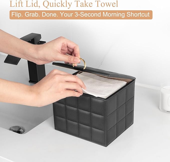 Disposable Face Towel Holder Box, Black PU Leather Container for XL Clean Skin Club Face Towels, Reusable Organizer for Clean Skin Towel Makeup Wipe Holder Counter Bathroom Organizers and Storage