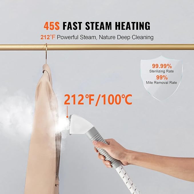 Standing Steamer with Garment Hanger, 1.7L Water Tank for 90min Continuous Steaming, Heats in 45 Seconds, Double-Insulated Steam Hose