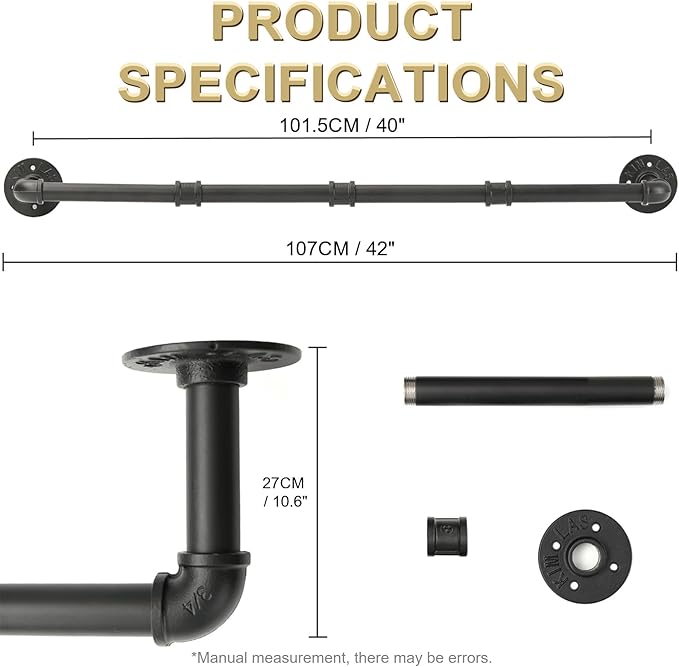 Industrial Pipe Clothing Rack, Wall Ceiling Mounted Clothes Garment Rack 40'', Black Iron Pipe Clothes Hanging Bar, Heavy Duty Metal Hanging Rod for Retail Display Closet Storage and Laundry