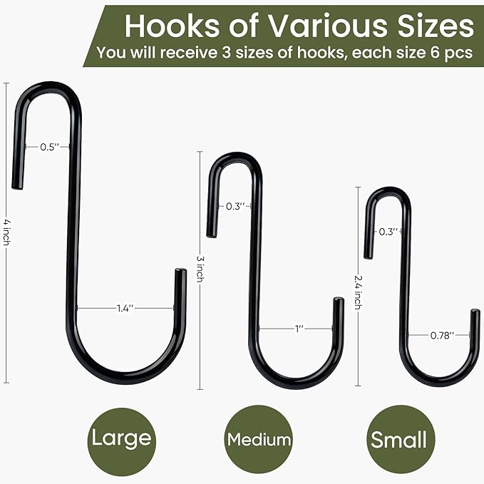 18 Pack S Hooks for Hanging, Variety Sizes 6 PCS Large 4"/ 6 PCS Medium 3"/ 6 PCS Small 2.4" Pot Hooks for Rack Hanging Pans Pots, Heavy Duty Metal S Hooks for Hanging Clothes Bags Towels Plant