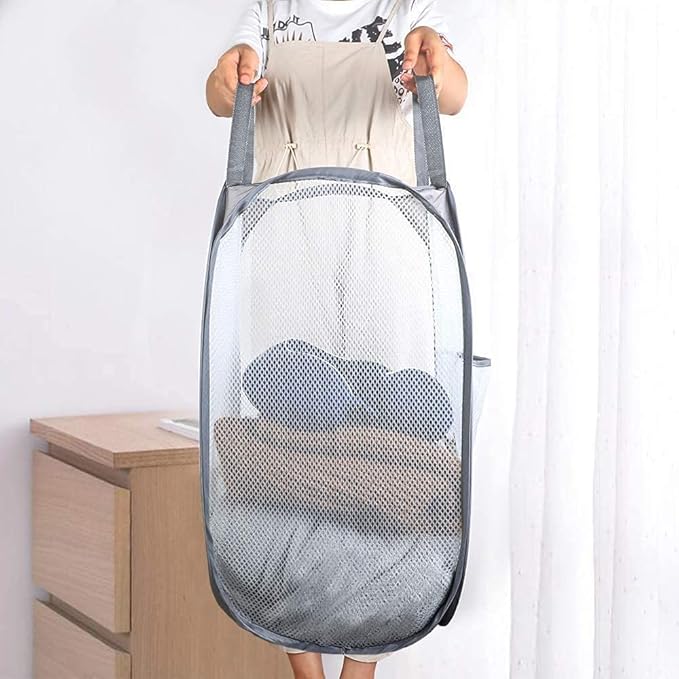 2 Pack Pop Up Laundry Hampers, Collapsible Mesh Laundry Basket, Foldable Clothes Hampers for Bathroom, College Dorm, Travel (Grey)