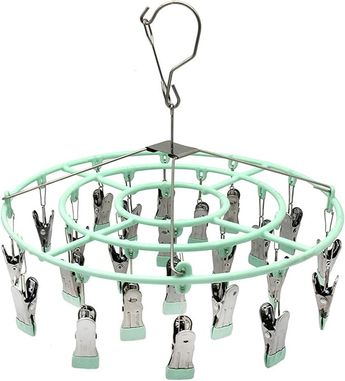 Stainless Steel Clothes Sock Drying Rack with 24 Clips, Swivel Hook Windproof Clothes Hanger Rack for Sock, Bras, Towel, Underwear, Hat, Scarf, Gloves, Pants Laundry Clothes (Green Clips)