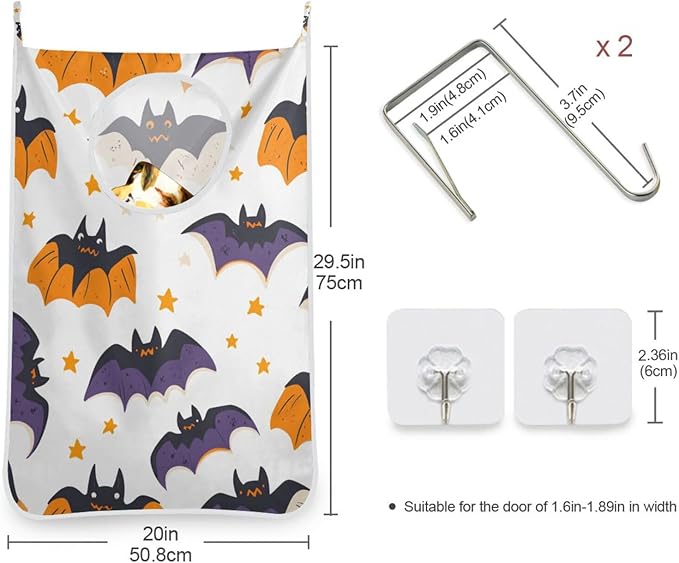White Halloween Bats and Stars Hanging Laundry Hamper Door Hampers Bag Basket with Stainless Steel Hooks Oxford Fabric Printing Decorative Clothes Bags 29.5X20inch 2Pack