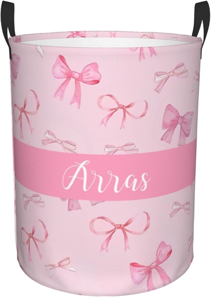 Personalized Laundry Basket for Nursery, Custom Nursery Laundry Hamper with Name, Customize Baby Clothes Circular Hamper for Boys Girls Room Decor, Pink Bows