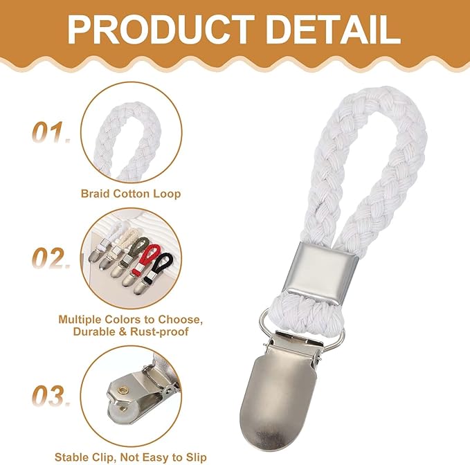 uxcell 8 Pcs Tea Towel Clips with Cotton Loop for Hanging, 4.3 Inch Metal Towel Hooks Multipurpose Cloth Hangers for Home Kitchen Bathroom, White