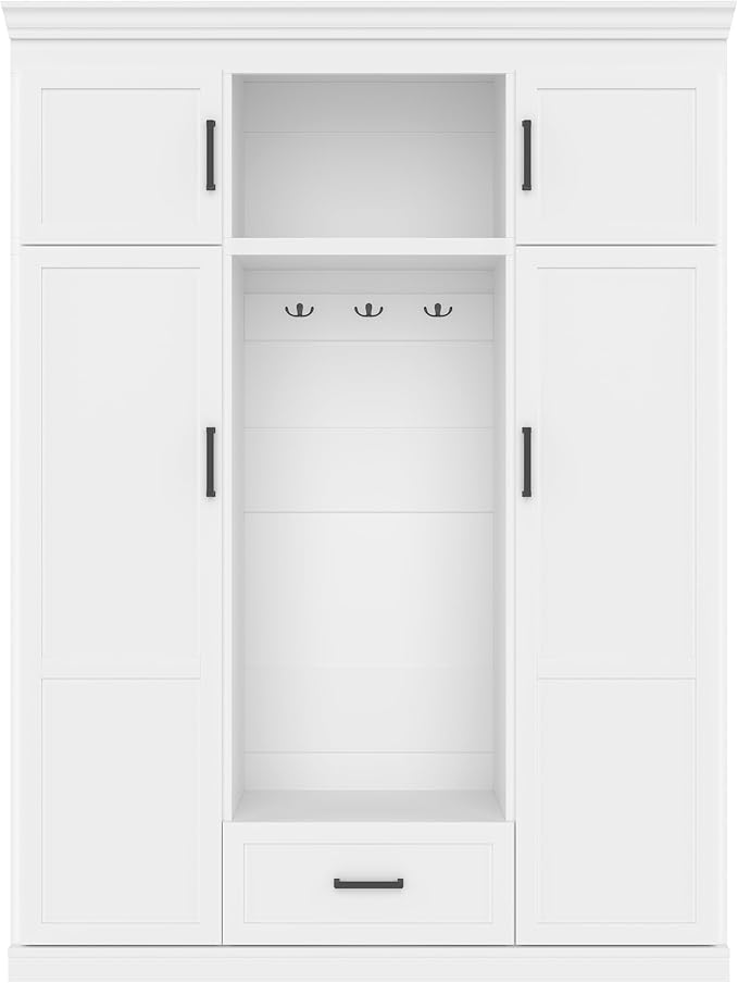 85.2''H Hall Tree with Bench and 3 Hooks, Modern Large Hall Tree with 5 Drawers and Adjustable Shelves, Entryway Storage Organizer Cabinet with 4 Doors for Hallway, Living Room (White/509)