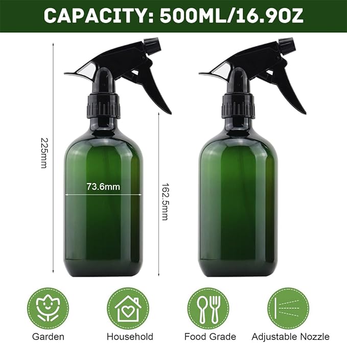 Plastic Spray Bottles 17OZ Empty Spray Bottle 2PCS Refillable Water Squirt Bottles Leakproof Water Spray Bottles for Cleaning Solution Alcohol Gardening Plants and Hairdressing
