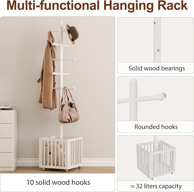 Solid Wood Coat Rack,standing coat rack with 10 Hook,Coat Rack for Freestanding,Bedroom,Living Room,Office,Hang Jackets,Bags,Clothes,Headphones(White)
