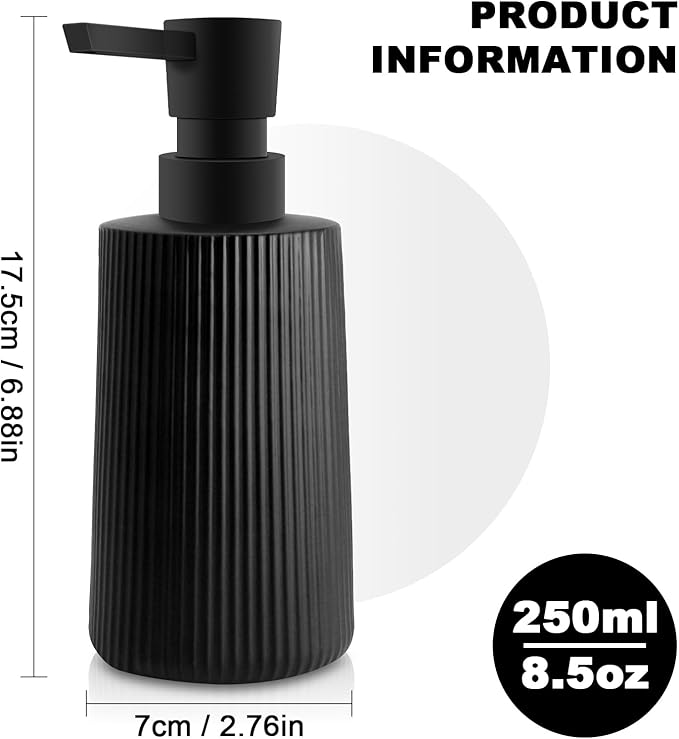 Glass Soap Dispenser for Bathroom, 250ml/8.5oz Dish Soap Dispenser with Pump for Kitchen, Modern Minimalist Stripe Style Hand Soap Dispenser, Small Refillable Soap Dispenser (Black 2pcs)