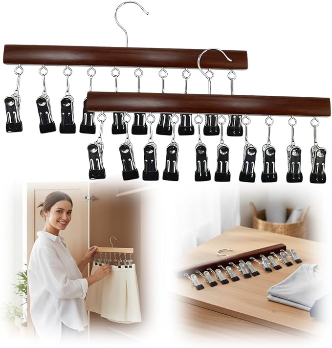 2 Pack Legging Hanger for Closet, with 10 Non Slip Clips Each, Wooden Clothes Hanger for Home Use, Space Saving Hanger for Family (Vintage)