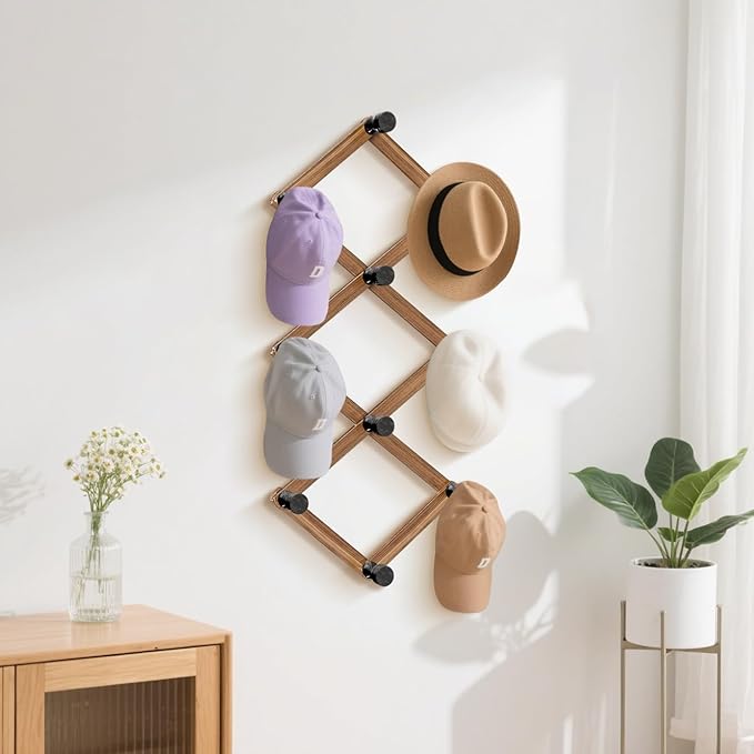 WGFKVAS 2 Pack Accordion Wall Hanger, Expandable Wooden Coat Rack Wall Mounted, Hat Rack Hat Hanger for Caps, Coats, Mugs
