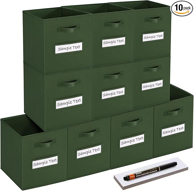 artsdi 13x13x13 storage cube bins (Set of 10) Fabric storage cubes with 10 Labels Window Cards & a Pen, storage cubes 13x13, Collapsible 13 inch cube storage bins, Cubby Organizer Boxes, Dark Green