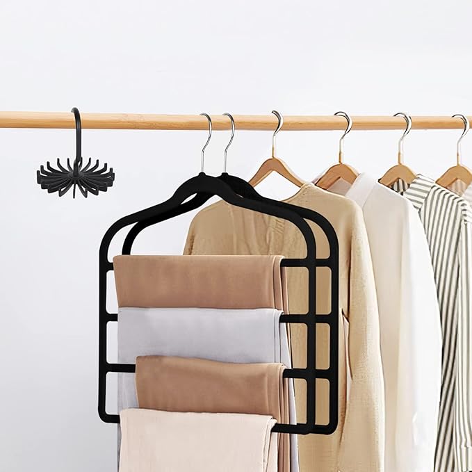 Tinfol 6pc Black Velvet Pants Hangers Space Saving, Non Silp Pant Hanger with Hook, Jeans Slack Trousers Hangers, Multiple Clothes Hanger Closet Organizer Perfect for Pants,Trouser,Jeans